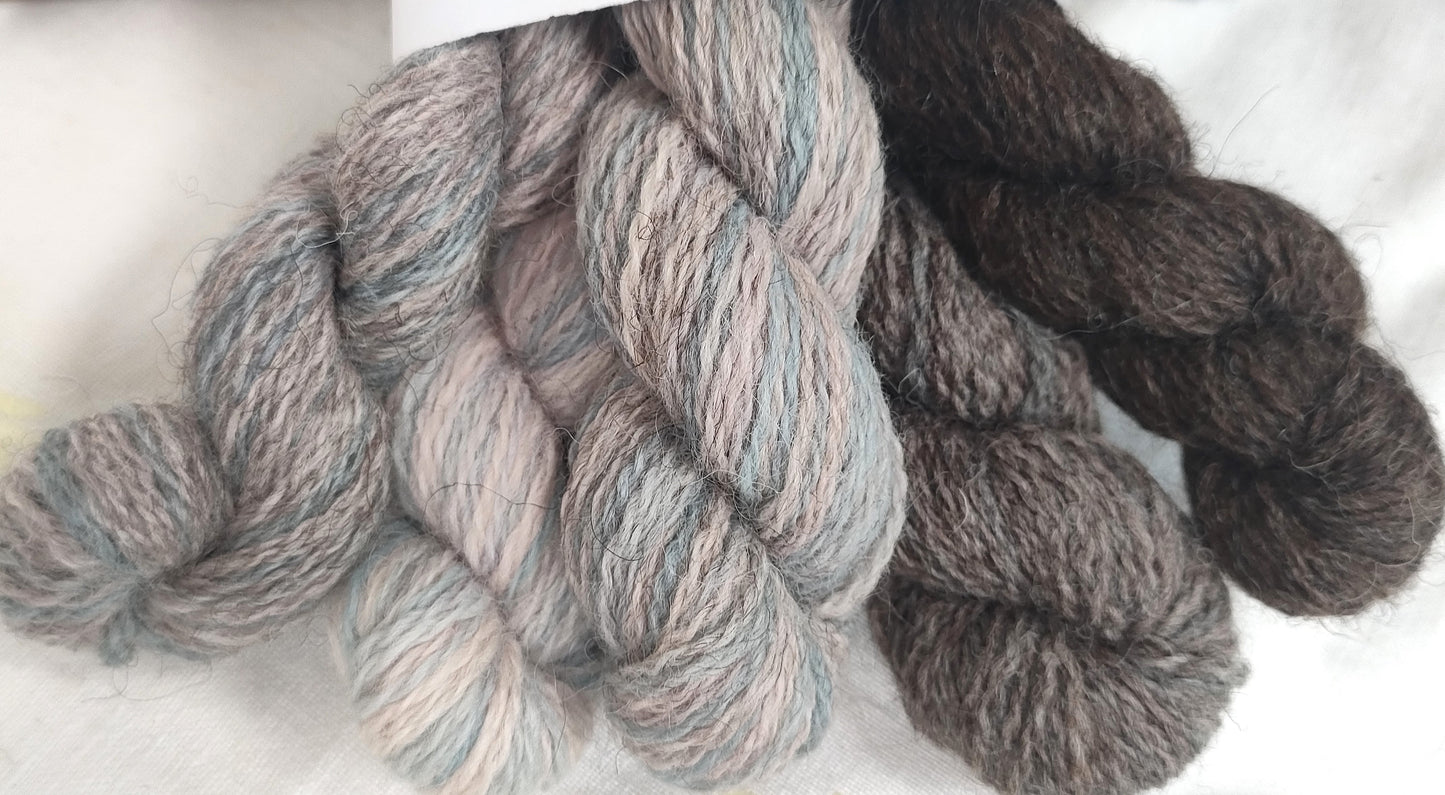 Blue and pink marbled BFL/Masham four ply yarn mini set