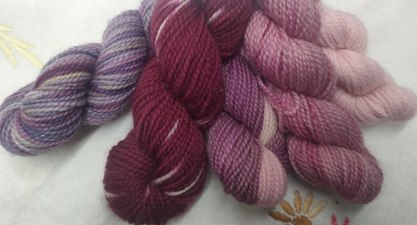 Variegated pink and purple high twist merino and BFL four ply mini set