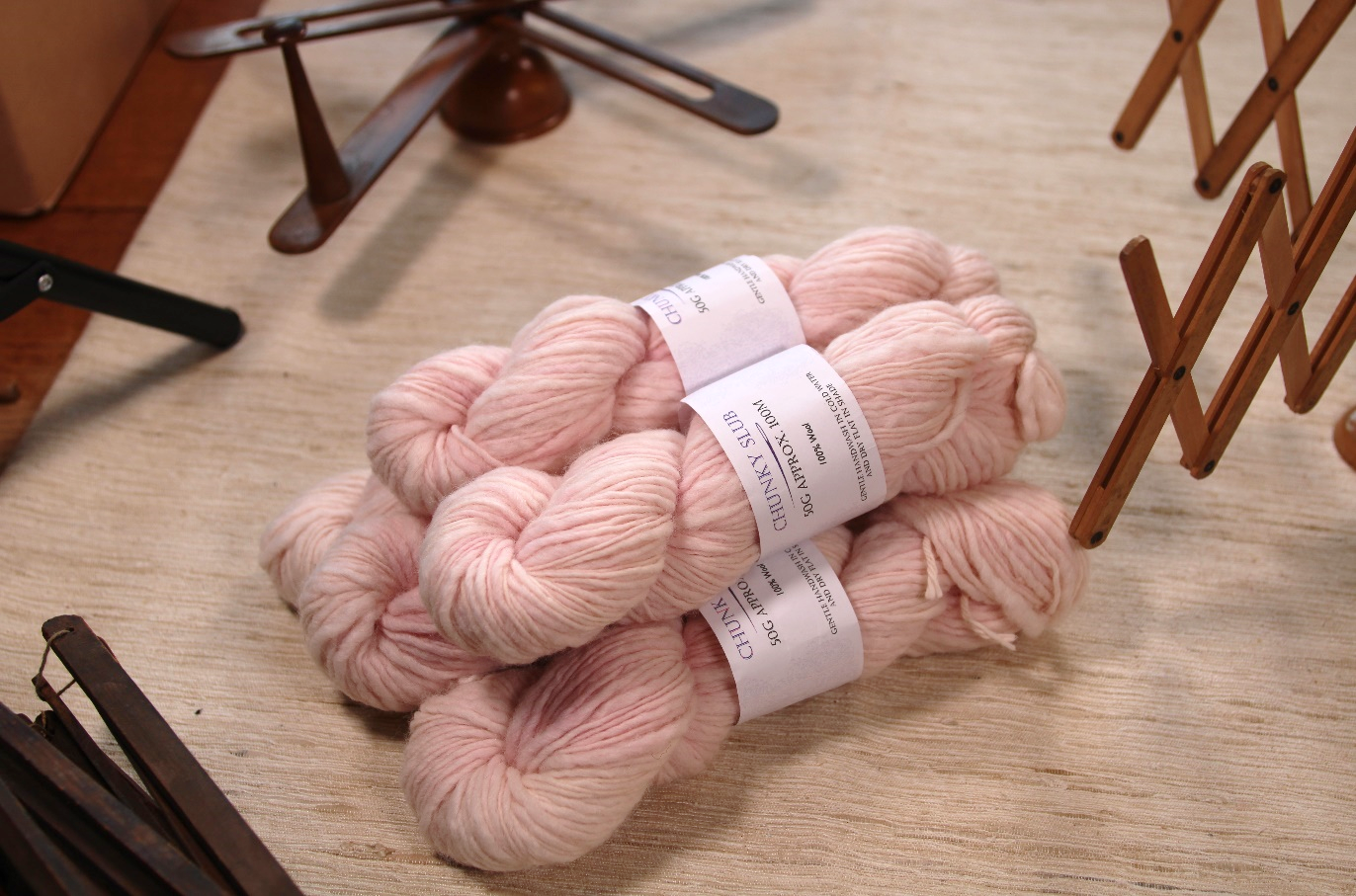 Pink chunky slubby wool singles yarn