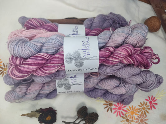 Lupin pink and purple merino nylon four ply mini set