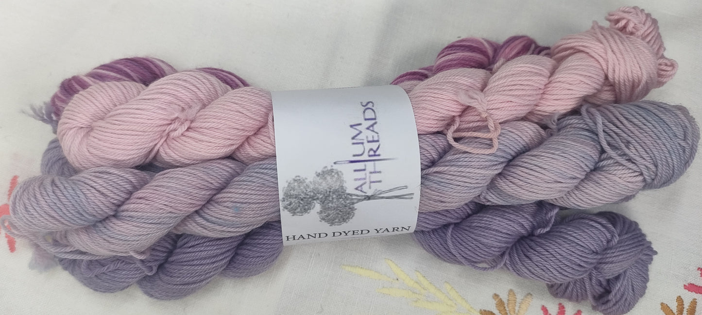 Lupin pink and purple merino nylon four ply mini set